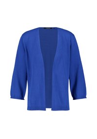 Blå cardigan med avslappnad öppen front, trekvartsärmar och ribbade muddar. Tillverkad av mjukt stickat material med en slät textur.