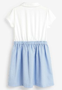 Witte jurk met korte mouwen en een kraagtop, en een rok in blauw ruitpatroon, met een elastische tailleband voor comfort.