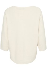 Pull en maille côtelée de couleur crème avec manches trois-quarts et ourlet arrondi, vu de dos.