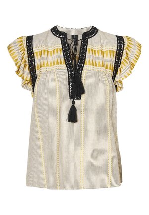 Blouse met korte mouwen met verticale strepen, gele geometrische patronen, zwarte kanten zoom en zwarte kwastjes bij de halslijn.