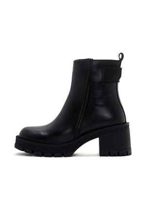 Black leather ankle boots with a chunky textured heel, side zipper, and loop tab; features a smooth finish and sturdy sole.
