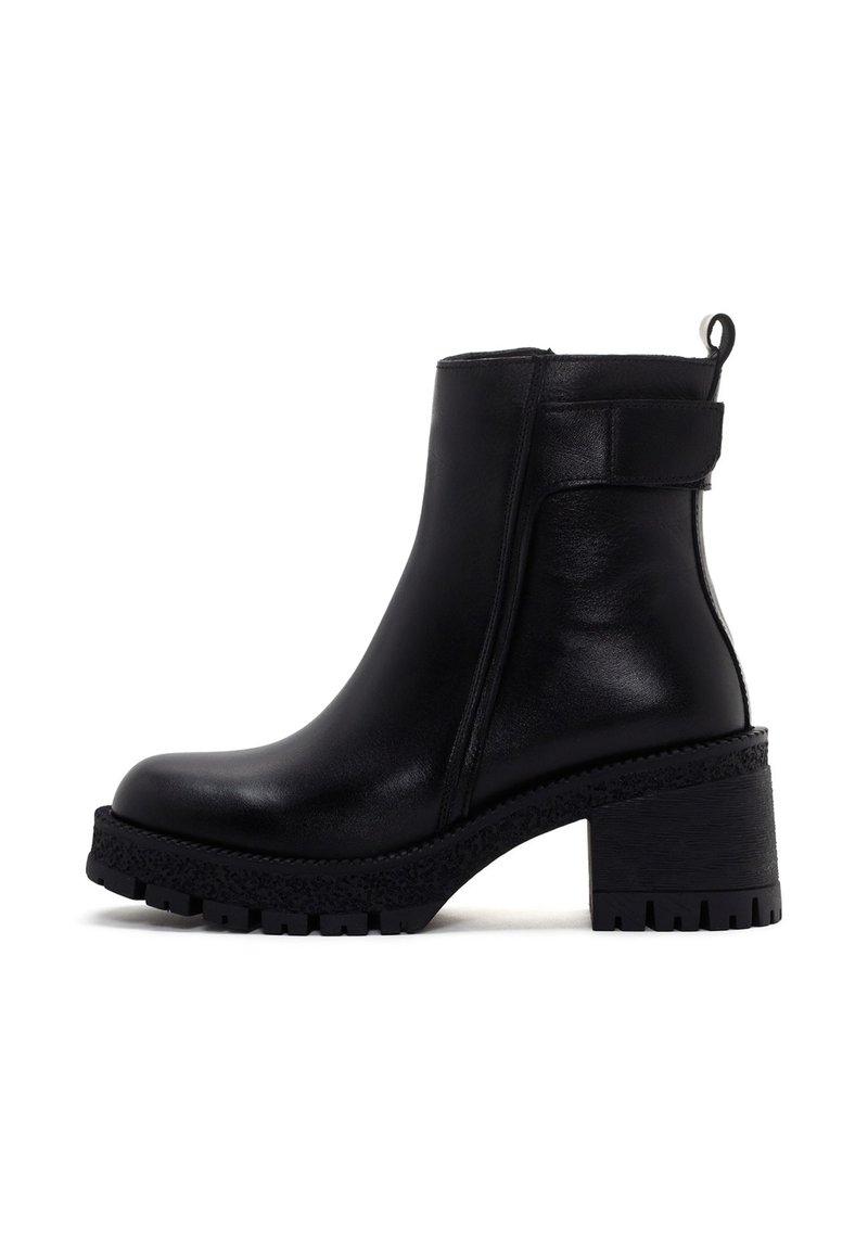 Botines de cuero negro con tacón grueso texturizado, cremallera lateral y tira en el bucle; presentan un acabado suave y una suela resistente.