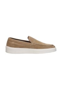 Beige suede slip-on shoe with a rounded toe and white rubber sole. Features stitching detail along the edge and a smooth texture.