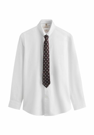 White long-sleeve slim-fit shirt with a spread collar and a dark tie featuring light blue and white floral patterns.