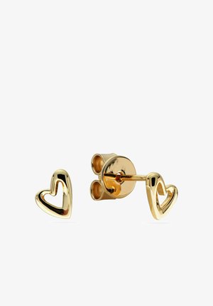 Goldene Ohrstecker in Herzform mit hohlem Zentrum, aus Front- und Seitenansicht auf weißem Hintergrund gezeigt.