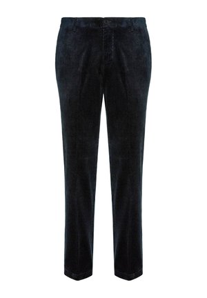 Dark navy corduroy pants with a straight leg design, featuring a front button closure and a textured ribbed pattern throughout.