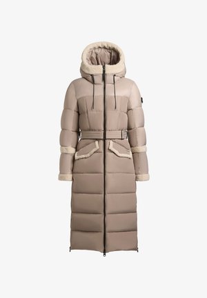 Bež voodriga mantel, millel on karvased ääred kapuutsis, vöödiga talje, tõmblukk ja kaks esikäe taskut karvaste aktsentidega ning elastsed mansetid.