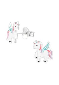 Orecchini a bottone in argento con design di unicorni colorati, con ali e criniera in rosa pastello, blu e viola. Superficie liscia e dettagli accurati.