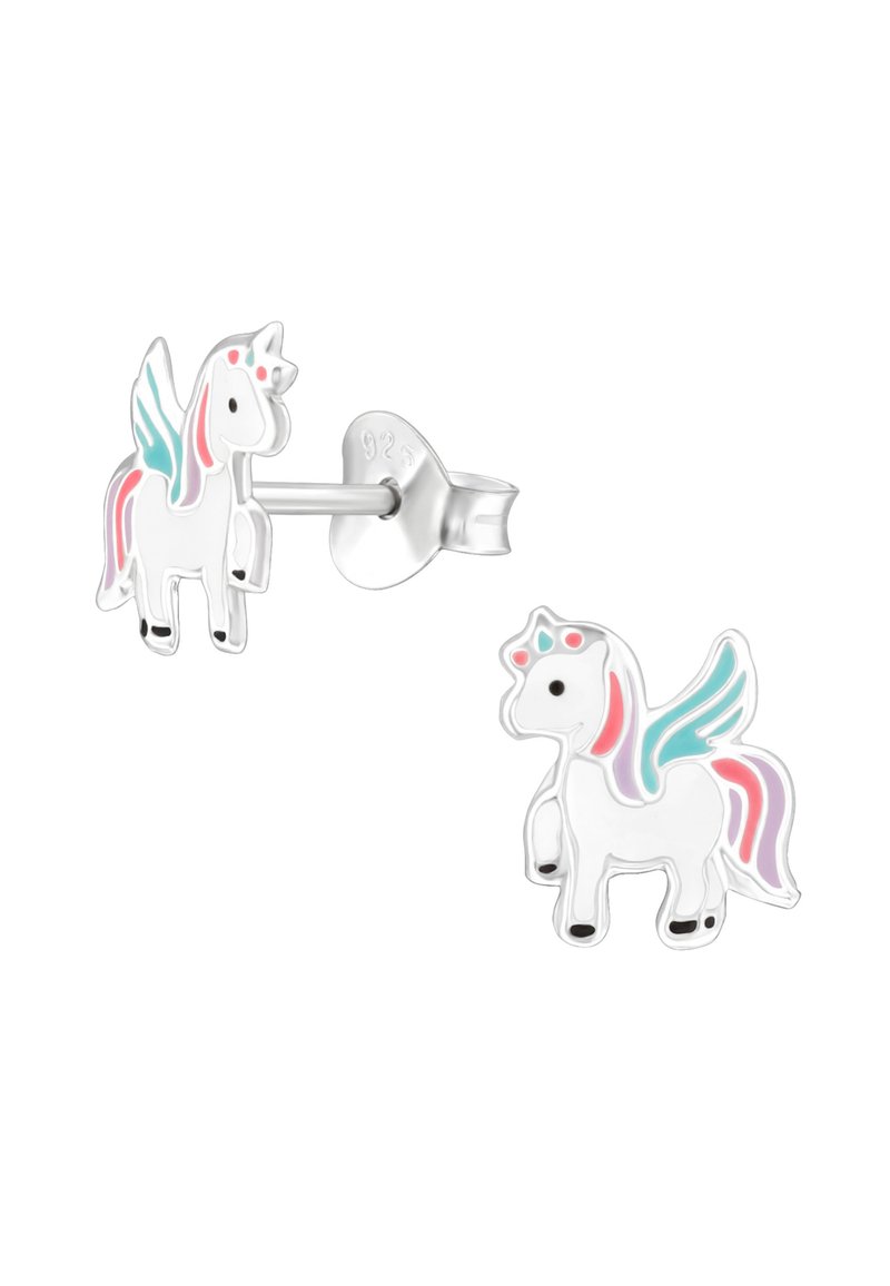 Orecchini a bottone in argento con design di unicorni colorati, con ali e criniera in rosa pastello, blu e viola. Superficie liscia e dettagli accurati.