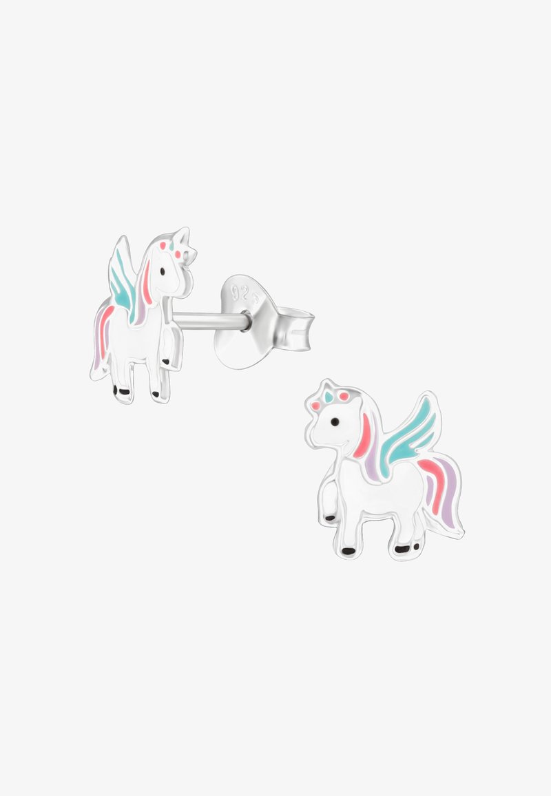 Zilveren stud oorbellen met kleurrijke eenhoornontwerpen, met vleugels en manen in pastelroze, blauw en paars. Gladde oppervlakte en gedetailleerde accenten.