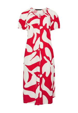 Vestito di media lunghezza con maniche corte a sbuffo, chiusura frontale con bottoni e audace motivo floreale astratto rosso e bianco.