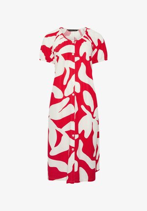 Kjole i mellem længde med korte pufærmer, knaplukning foran og dristigt rødt og hvidt abstrakt blomstermønster.