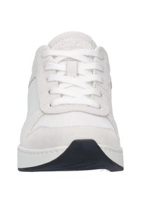 White sneakers featuring a mix of suede and mesh materials, round toe, traditional lace-up closure, and a dark rubber outsole.