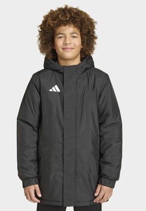Nuori henkilö, jolla on kiharat hiukset, pukeutuneena mustaan Adidas-hupputalvitakkiin, seisoo ja katsoo eteenpäin kevyesti hymyillen.