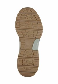 Sohle eines Sneakers mit einer strukturierten beigen Gummi-Oberfläche, die über ein gemustertes Profil und einen grauen Akzent in der Nähe des Fußgewölbes verfügt. Markiert mit "s.Oliver" und Größe 37.