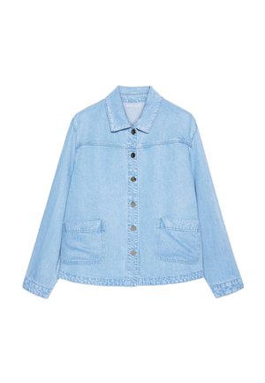 Giacca di jeans azzurro con colletto, maniche lunghe, chiusura frontale con bottoni e due grandi tasche frontali.