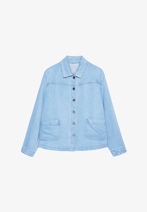Giacca di jeans azzurro con colletto, maniche lunghe, chiusura frontale con bottoni e due grandi tasche frontali.