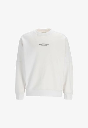 Sweatshirt blanc avec un col ras du cou, des épaules tombantes et des poignets côtelés. Présente un texte noir sur le devant. Tissu doux et coupe décontractée.