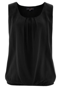 Svart ärmlös blus av slät tyg, med rundad halsringning, framveckar och elastisk nederkant för en avslappnad passform.
