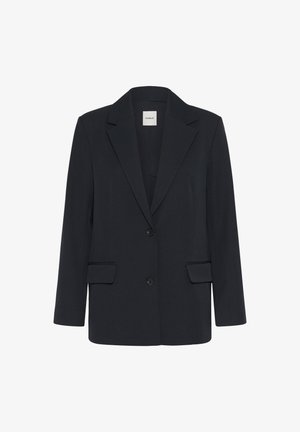 Fekete blézer fényes anyaggal, köves gallérral, két elülső zsebbel és két gombos rögzítéssel. Testhezálló szabás, sima textúrával és strukturált sziluettel.