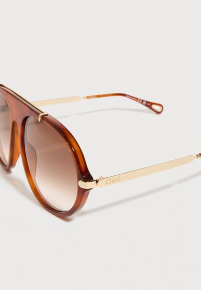 Γυαλιά ηλίου σε σχέδιο χελώνας με καφέ φακούς με διαβαθμισμένο χρώμα και λεπτούς χρυσούς μεταλλικούς βραχίονες με χαρακτήρα "Chloé" σε λευκό φόντο.
