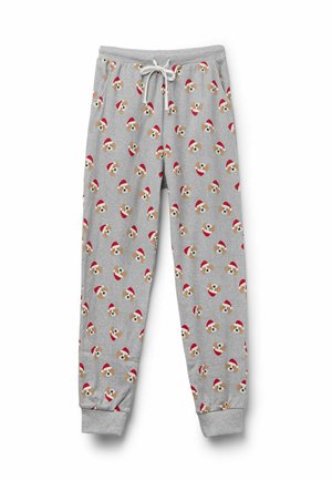 Šedé tepláky s opakujícím se vzorem psů v santovských čepicích. Manžety jsou ribované a v pase je bílá šňůrka.