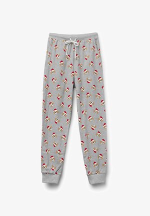 Šedé tepláky s opakujícím se vzorem psů v santovských čepicích. Manžety jsou ribované a v pase je bílá šňůrka.