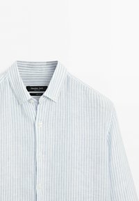 Light blue and white vertically striped button-up shirt with a collar, shown from the chest up against a plain white background.