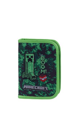 Etui Minecraft w zielony kamuflaż z postacią Creeper, blokiem TNT i napisem "BOOM!" na przedzie.