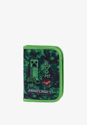 Custodia Minecraft a tema mimetico verde con personaggio Creeper, blocco TNT e scritta "BOOM!" sul davanti.