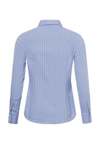 Light blue long-sleeve shirt featuring vertical white stripes, a pointed collar, and buttoned cuffs. Made from a smooth fabric.