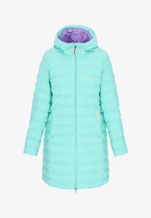 Jasnoturkusowa kurtka puchowa z kapturem, z fioletowym wykończeniem, pełnym zamkiem błyskawicznym oraz małym logo na klatce piersiowej.