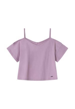 Liliowy crop top z odkrytymi ramionami, krótkimi rękawkami i cienkimi ramiączkami, z małą prostokątną metką marki blisko dołu.
