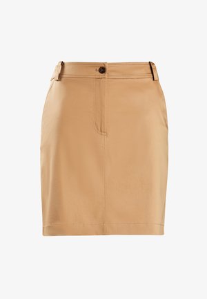Gonna a matita beige realizzata in tessuto liscio, con una tasca frontale e una chiusura con un unico bottone in vita. Linee pulite e sartoriali.