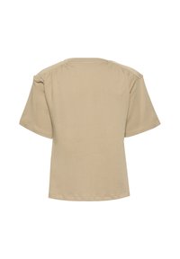 Beige T-shirt met korte mouwen, gemaakt van katoen met een zachte textuur. Heeft een ronde halslijn en gathered details op de schouders.