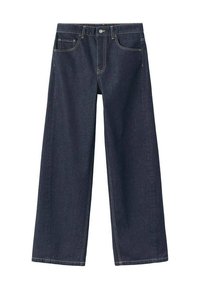 Pantalones de mezclilla azul oscuro de pierna ancha con cintura alta, costuras visibles, dos bolsillos frontales y un cierre de botón en la cintura.