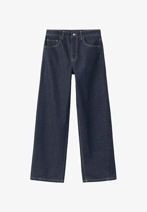 Mørkeblå denim bukser med vid ben, høj talje, synlige syninger, to forlommer og en knaplukning i taljen.