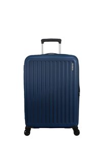 Valigia di dimensioni cabin in blu scuro, caratterizzata da una superficie rigata testurizzata, manico telescopico e quattro ruote girevoli per una facile manovrabilità.