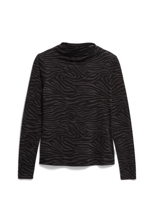 Schwarzer langärmeliger Rollkragenpullover mit einem wellenförmigen dunkelgrauen Muster. Weicher Stoff mit einer lockeren Passform und ohne sichtbare Hardware oder Akzente.