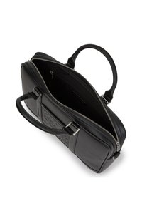 Czarna skórzana torba o ustrukturyzowanym designie, eleganckiej teksturze, podwójnych uchwytach i zamknięciu na zamek, z wewnętrzną kieszonką do organizacji.