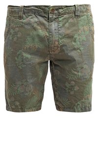Shorts vert olive pour homme avec motif à feuilles et fleurs tropicales, fermeture par boutons, passants pour ceinture et poches latérales.