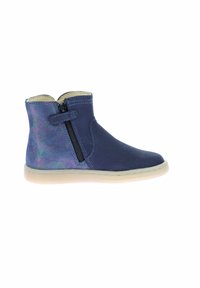 Bottines bleu marine avec un accent pailleté violet, fermeture éclair sur le côté, matériau doux et semelle en caoutchouc de couleur claire.
