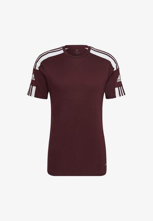 Maroonfarbiges Adidas Sport-T-Shirt mit kurzen Ärmeln, weißen Streifen auf Schultern und Ärmeln, Adidas-Logos auf beiden Ärmeln.
