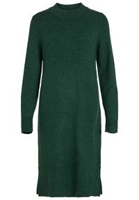 Vestito a maglia verde scuro, con scollatura rotonda, maniche lunghe, spacchi laterali e vestibilità comoda. Texture morbida con polsini a coste.
