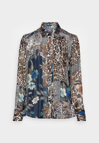 Chemise à manches longues avec boutons, présentant des motifs patchwork incluant un imprimé léopard, des dessins floraux bleus et beiges, ainsi que des motifs cachemire.