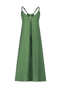 Grünes Maxikleid mit verstellbaren Spaghettiträgern, strukturiertem Stoff und gerafftem Ausschnitt. Lockerer, fließender Schnitt mit einer entspannten Passform.