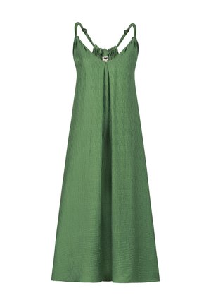 Grünes Maxikleid mit verstellbaren Spaghettiträgern, strukturiertem Stoff und gerafftem Ausschnitt. Lockerer, fließender Schnitt mit einer entspannten Passform.