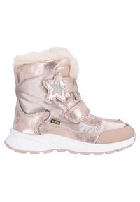 Bottes d'hiver pour filles en tissu métallique rose doré, avec doublure en fausse fourrure, accent étoilé et bandes Velcro ; imperméables et semelle rembourrée.