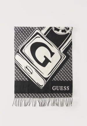 Черно-бял шал с ресни на краищата, с голяма буква G и брандиране "GUESS" в контрастни шарки.