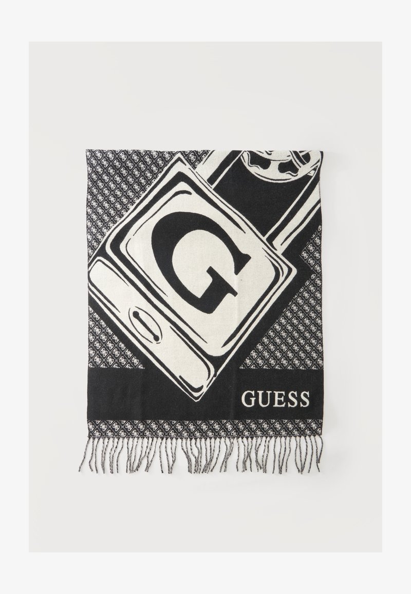 Écharpe noire et blanche avec des bouts à franges arborant une grande lettre G et le logo "GUESS" dans des motifs contrastés.